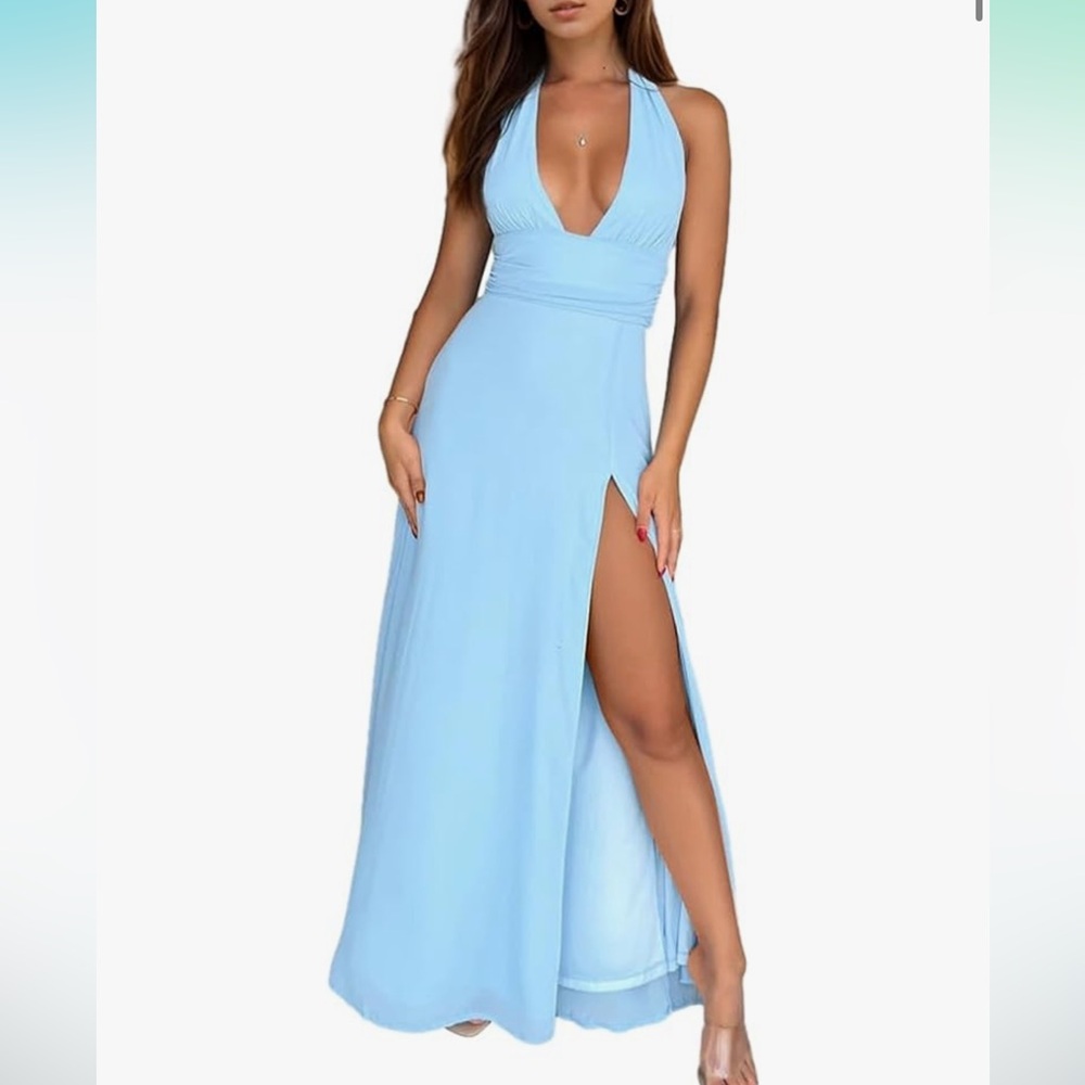 Blue halter dress open back